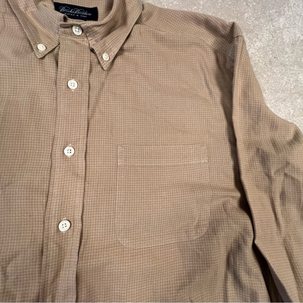 Brooks Brothers Button Down Tan White Grid Check Cotton Dress Shirt Men's Large - Picture 3 of 10